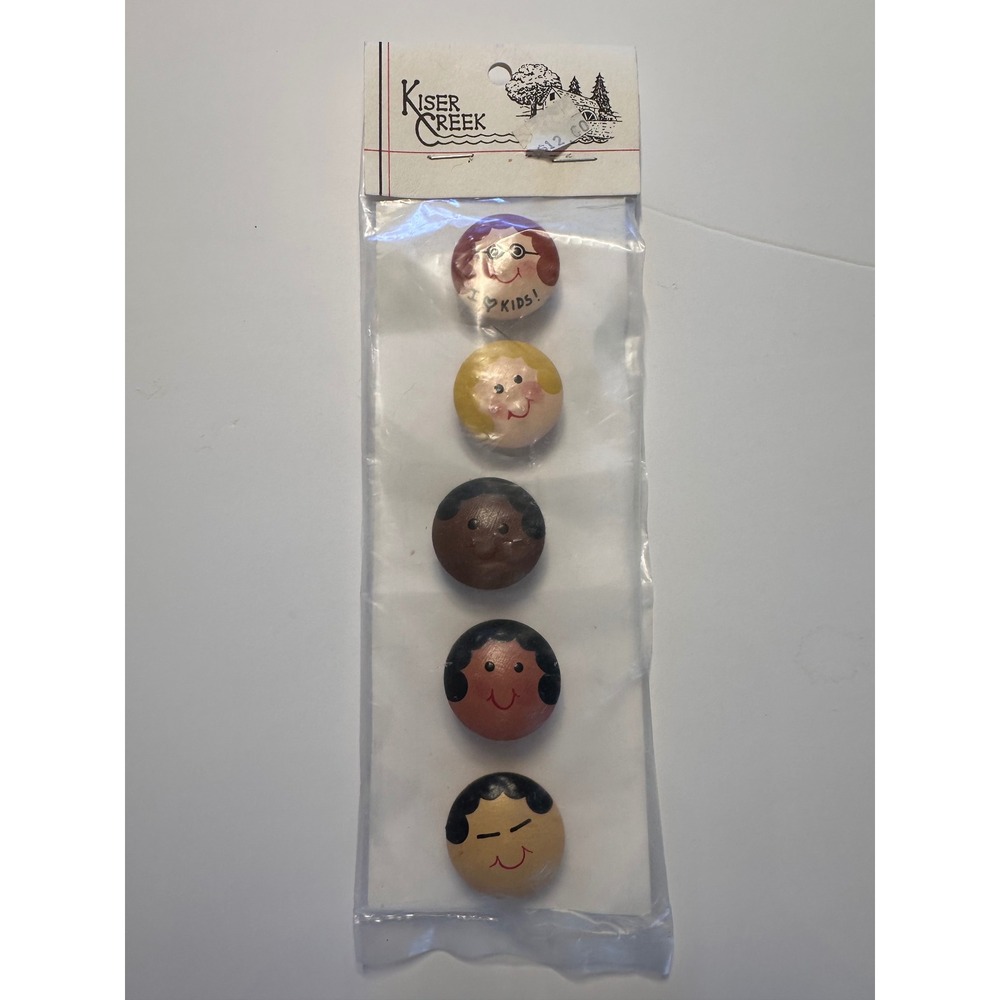 Kiser Creek Hand Painted Wood Face Buttons I Love Kids Set of 5 Multicolor Shank
